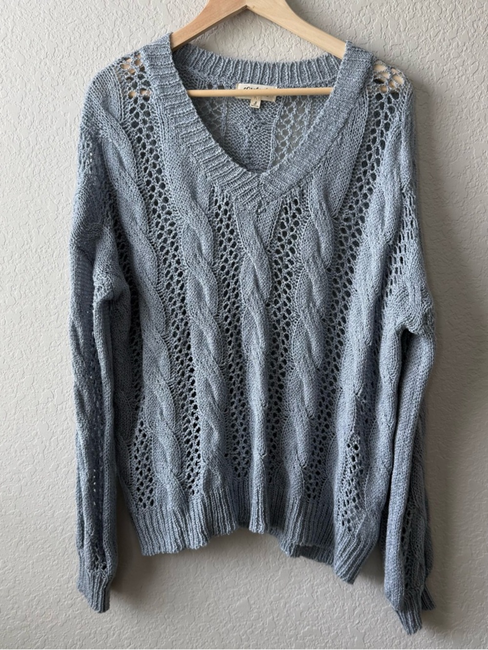Listicle Light Blue V-Neck Cable Knit Oversized Sweater